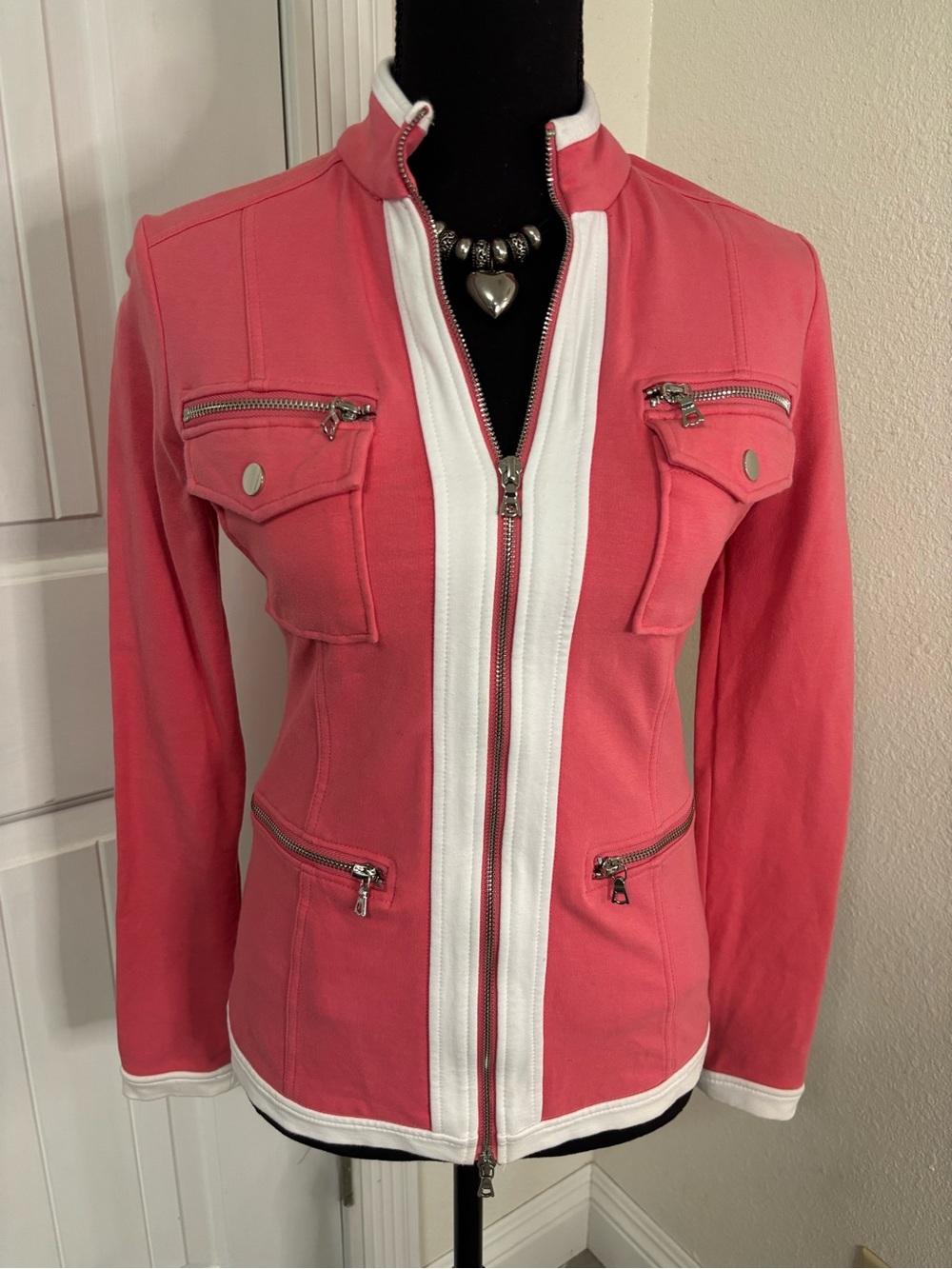 Women's Coral pink Zip-Front Jacket with White Trim